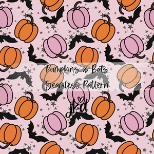 Pumpkins and Bats Seamless Pattern, Halloween Pattern, Pink Halloween Jpg File, Repeat Fall File