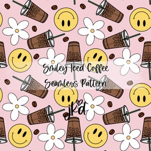 Happy Face Iced Coffee Seamless Pattern, Floral Backgroung Jpg File