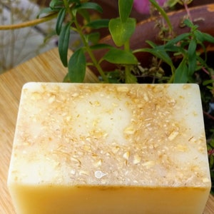 Pode incluir: Uma barra retangular de sabonete artesanal com um tom amarelo claro e pequenas partículas texturizadas embutidas. O sabonete está sobre uma superfície de madeira, com folhagem verde e uma flor rosa ao fundo.
