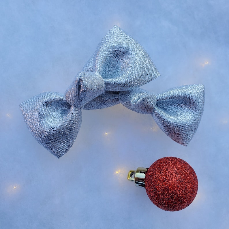 Classic Bow Christmas Hair Bow Pigtail Clip Set Big Bow Newborn Headband New Years Hair Bow Silver Shimmery Metallic Hair Bow