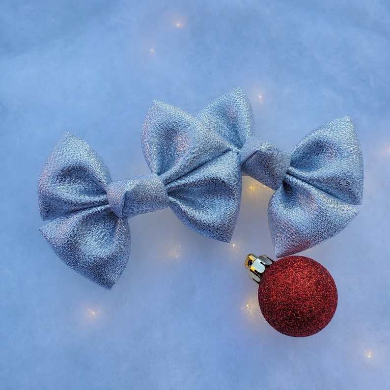 Classic Bow Christmas Hair Bow Pigtail Clip Set Big Bow Newborn Headband New Years Hair Bow Silver Shimmery Metallic Hair Bow
