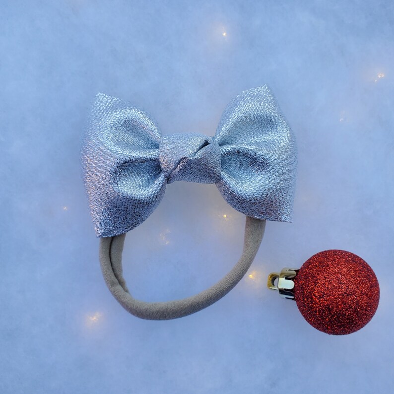 Classic Bow Christmas Hair Bow Pigtail Clip Set Big Bow Newborn Headband New Years Hair Bow Silver Shimmery Metallic Hair Bow