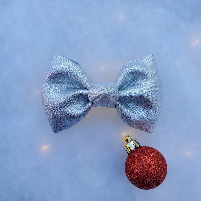 Classic Bow Christmas Hair Bow Pigtail Clip Set Big Bow Newborn Headband New Years Hair Bow Silver Shimmery Metallic Hair Bow