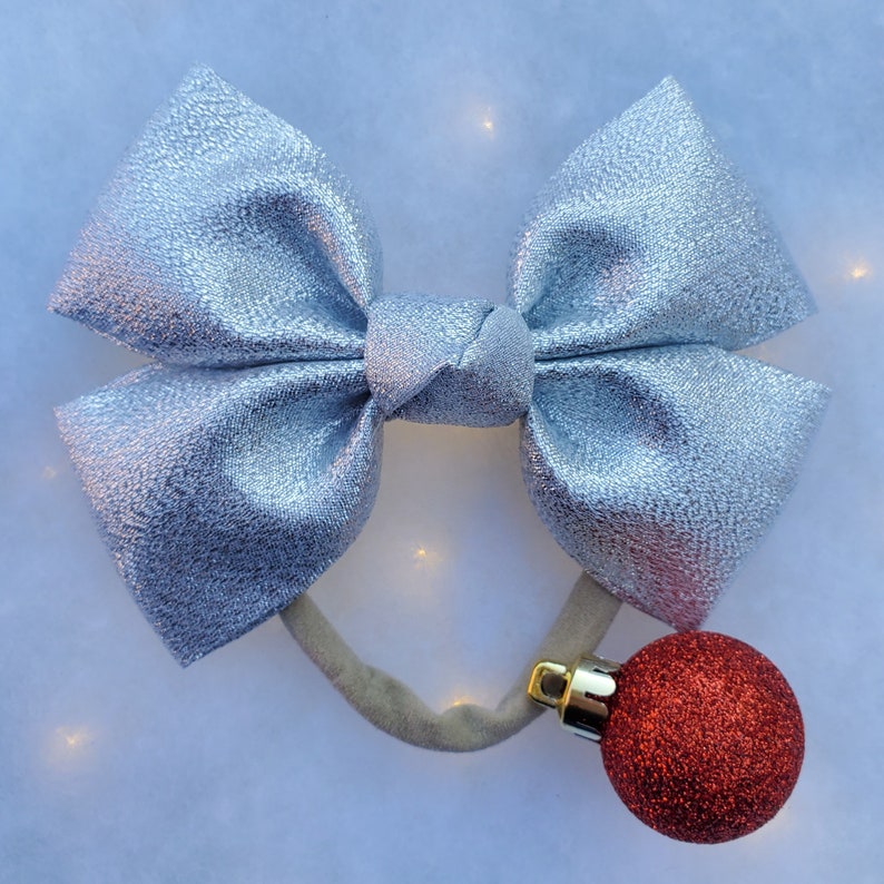 Classic Bow Christmas Hair Bow Pigtail Clip Set Big Bow Newborn Headband New Years Hair Bow Silver Shimmery Metallic Hair Bow