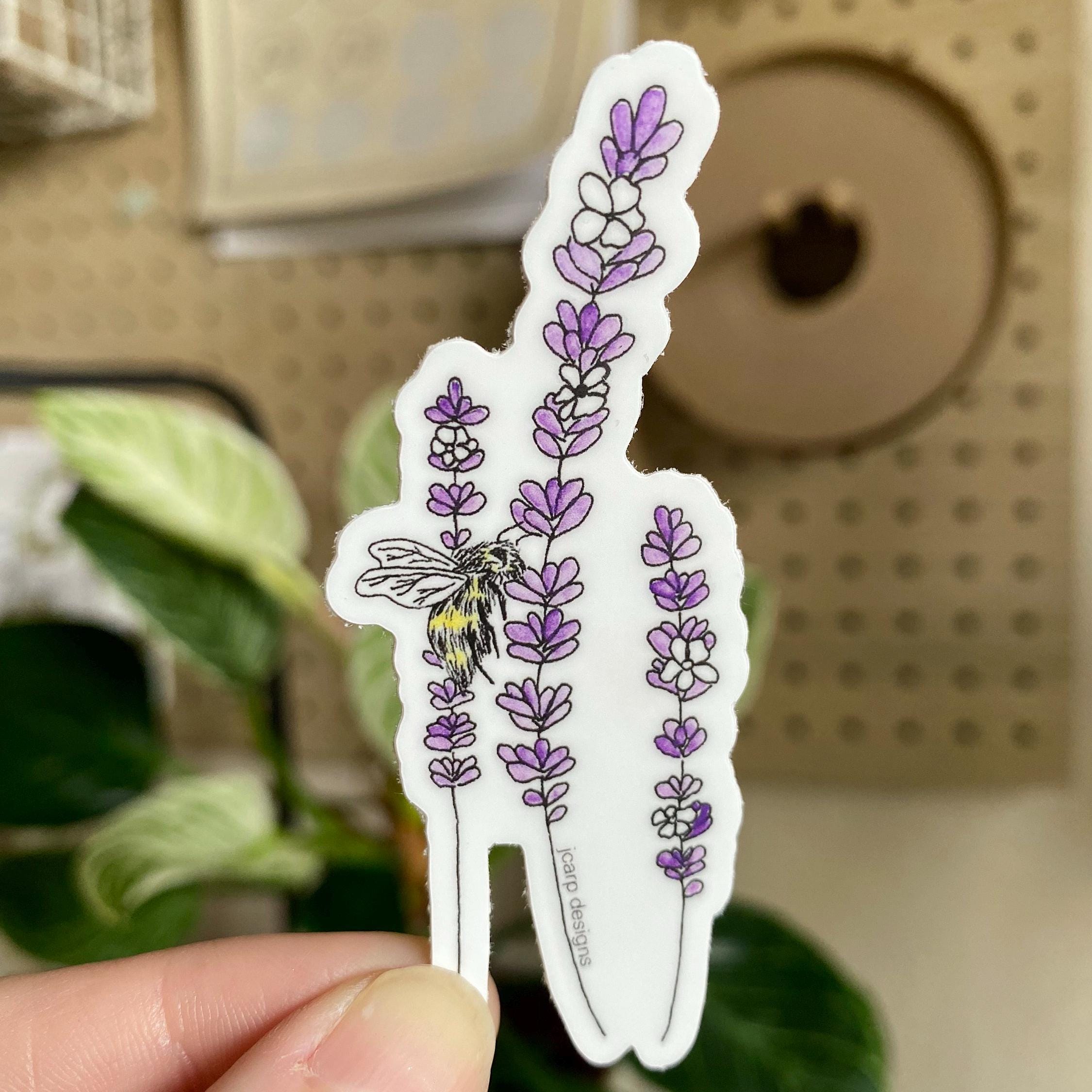 Vinyl Lavender Bee Sticker, Minimal Watercolor Flower Sticker, Waterproof Water Bottle Sticker, Laptop Decal