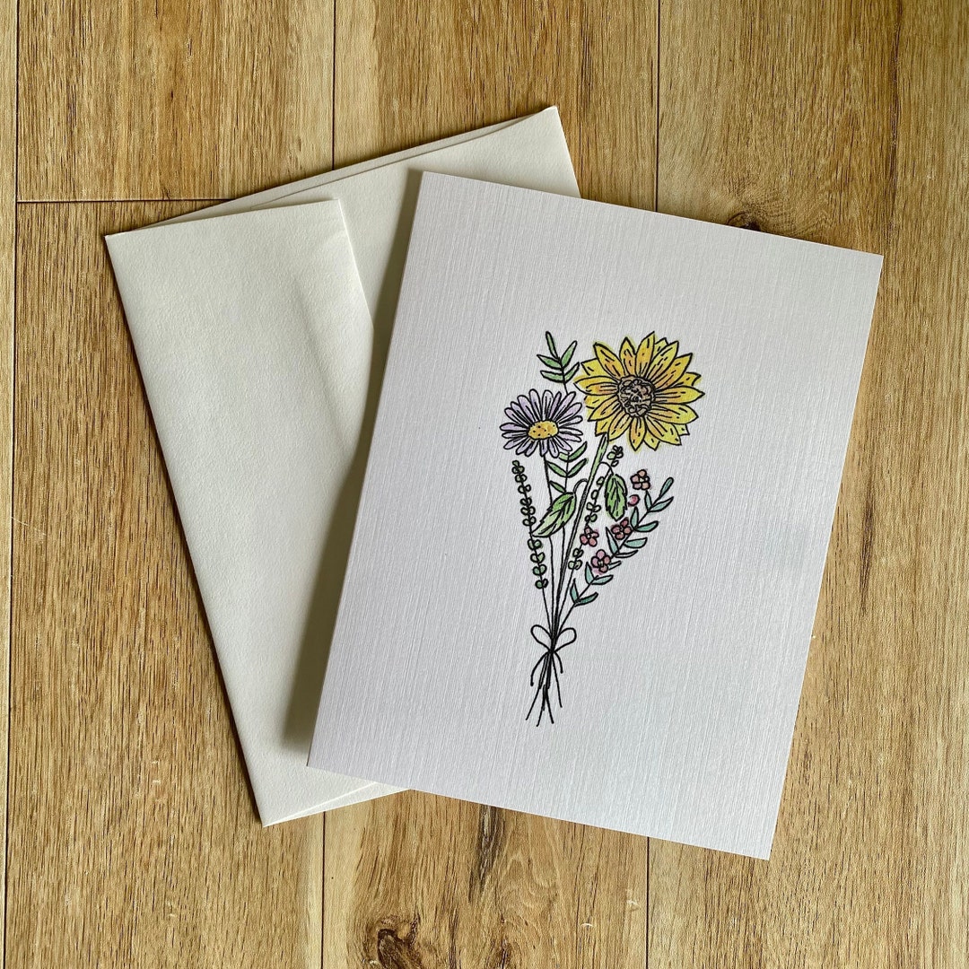 Watercolor Flower Bouquet Card: Blank Botanical Note Card With Envelope ...