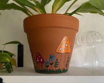 Hand Painted Mushroom Terracotta Pot with Drainage Hole, Whimsical Indoor Flower Planter