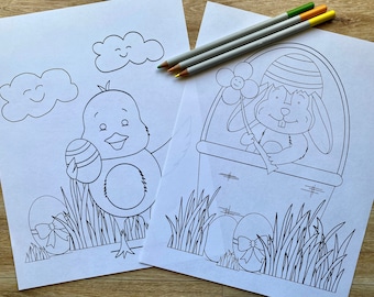 Easter Coloring Page, Adult Coloring Sheets, Easter Bunny Kids Printables, Easter Chick Kids Printables,  INSTANT DOWNLOAD