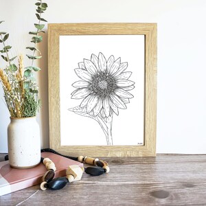 46-Sunflower Art Print, Botanical Wall Art, Minimalist Wall Art, Botanical Nursery Art, Flower Ink Line Illustration, Rustic Kitchen Art