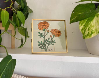 Hand-Painted Marigold Glass Frame: Whimsical Flower Home Decor, Cottagecore October Birth Month Flower