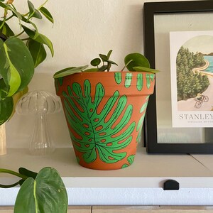 Hand Painted Monstera Leaf Terracotta Pot with Drainage Hole, Medium Indoor Flower or Plant Planter