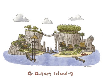 La leyenda de Zelda: The Wind Waker - Isla Outset - acuarela - impresión de 11" x 14"