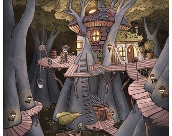 casa del árbol del bosque - impresión artística