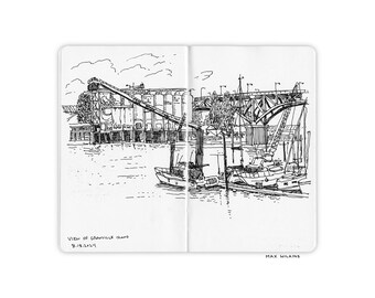 Granville Island, Vancouver, BC - dibujo en cuaderno de bocetos - impresión artística