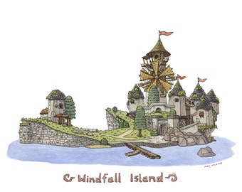 La leyenda de Zelda: The Wind Waker - Isla Windfall - acuarela - impresión de 11" x 14"