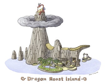 La leyenda de Zelda: The Wind Waker - Isla Dragon Roost - acuarela - impresión de 11" x 14"