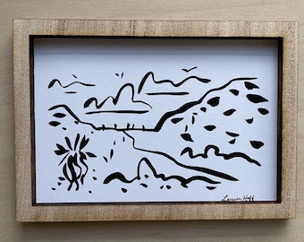 Joshua Tree Desert "Lucky Luke Kinda Day" impresión artística en miniatura enmarcada 2.25 x 3.5 pulgadas de mi colección de tinta sumi