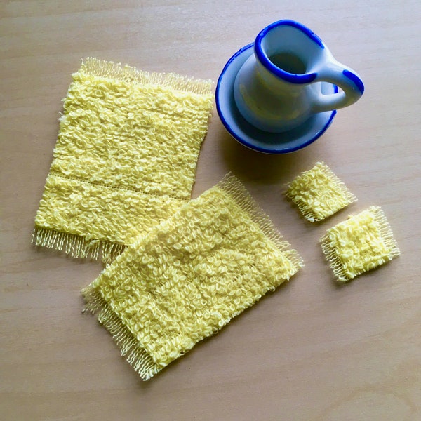 bathmat, towel, washcloth fluffy pink or yellow terrycloth hand sewn dollhouse bath set scale 1:12