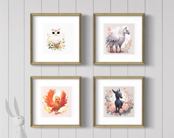 Mythical Creature Nursery Art Print Set of 4, DIY nursery decor, Magical beast prints, owl, hippogriff, thestral, phoenix