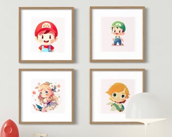 4pk Baby Mario and Zelda Nursery Art, Zelda Nursery Print, Mario Nursery Print, Baby shower, Baby room, Kids, Luigi, Link