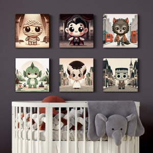 Cute classic monsters nursery art, monsters wall art, baby, cute kids art, scary, halloween, movie