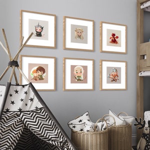 May include: Eight framed illustrations of characters from the Lord of the Rings, including Gandalf, Legolas, Frodo, and Gollum. The frames are light wood and are arranged in a grid pattern on a light gray wall.
