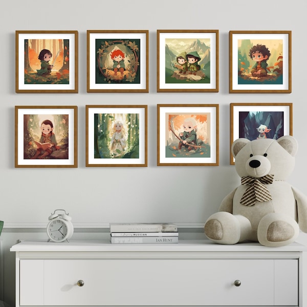 8pk Lord of the Rings kinderkamerkunst, neutrale kinderkamerkunst, baby, LOTR kinderkamer kunst aan de muur, Galadriel, Frodo, Samwise, Elrond, Legolas
