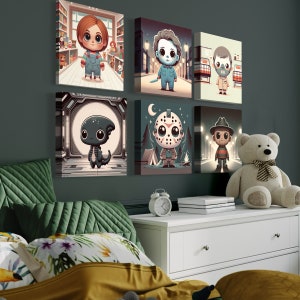 6pk Ícones de terror fofos arte de berçário, arte de parede de slashers, bebê, arte infantil fofa, assustador, dia das bruxas, filme