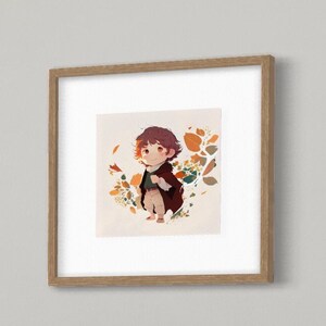 May include: A framed illustration of a cartoon character wearing a brown cloak and standing in a field of orange and yellow leaves.