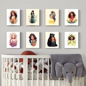 8pk Princess Nursery Art, Neutral Nursery Art , Kids , wall art, moana, bell, tiana, rapunzel, jasmine, pocahontas, merda, mulan
