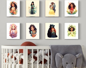 Princess Nursery Art, 8 pack, Neutral Nursery Art , Kids , wall art, moana, bell, tiana, rapunzel, jasmine, pocahontas, merda, mulan