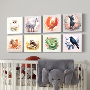 May include: Set of eight square canvas prints featuring illustrations of magical creatures, including a phoenix, a badger, a snake, an owl, a griffin, a raven, and a phoenix. Each print has a white background with floral accents.