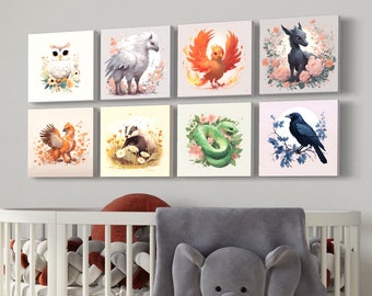 8pk Magic Creature Nursery Art, DIY nursery decor, Baby hedwig owl art, Magical creatures prints, griffin, snake, badger, raven,