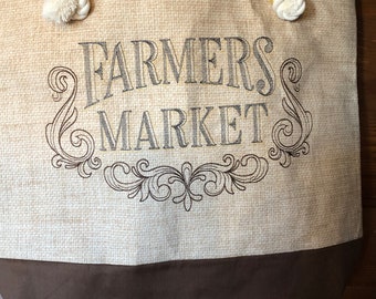 Upcycled Farmers Market Embroidered Canvas Tote,Grocery Tote, Reusable Shopping Bag, Farm, Ecofriendly