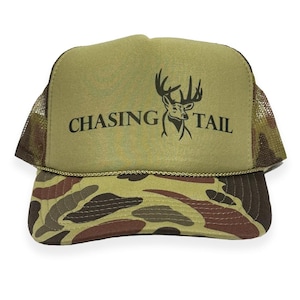 Chasing Tail Deer Hunting Camo Trucker Hat: Funny Outdoors SnapBack