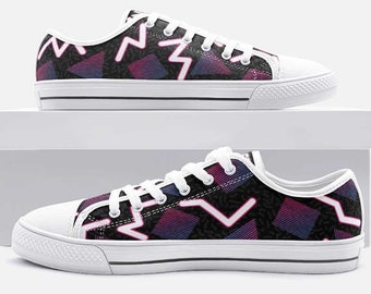 80s Retro Neon Film Magenta and Cyan Geometric Unisex Low Top Canvas Shoes