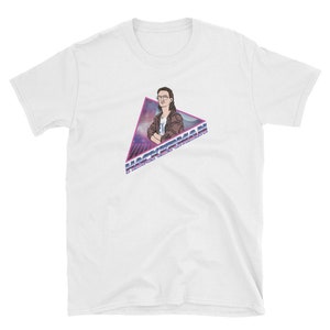 May include: White t-shirt with a retro-style graphic of a person wearing glasses and a brown jacket. The graphic is in a triangle with the text "HACKERMAN" in a purple and blue gradient.