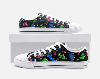 Retro 80's Memphis Street Art Style Confetti PARTY ON! Unisex Low Top Canvas Shoes