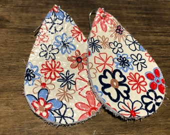Leather Red, White and Blue Flowered Earrings