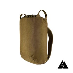 May include: A brown drawstring backpack with a single adjustable strap. The backpack has a simple design and is made of a durable material.