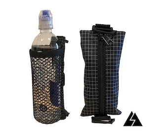 May include: A black mesh water bottle holder with a black zippered pouch. The pouch has a black zipper and a black strap. The water bottle holder is attached to the pouch with a black strap.
