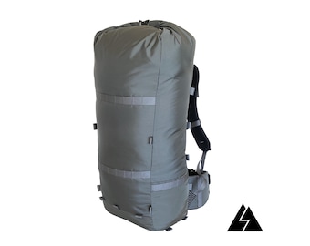 May include: A grey, lightweight, and durable backpack with adjustable straps and a large main compartment. The backpack is designed for outdoor activities and has a minimalist aesthetic.