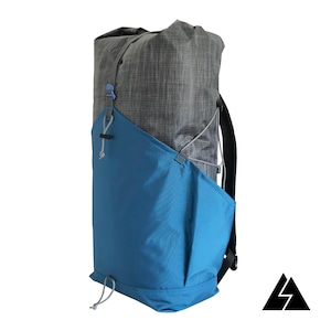 May include: A blue and gray backpack with a zippered pocket and adjustable straps.