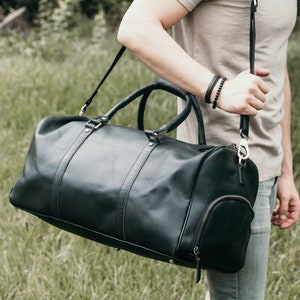 Leather Duffle Bag, Large Travel Bag, Mens Leather Weekend Bag, Personalized Outdoor Bag, Holdall Bag, Groomsmen Gift Bag Black - XLarge