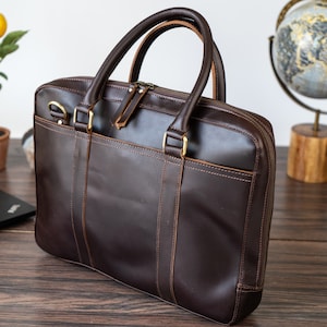 Personalized Leather Briefcase,Anniversary Gift for Him,Shoulder Bag,Top Handle Bag,Leather 13 15 Laptop Bag,Graduation Gift,Gift for Dad Dark Brown