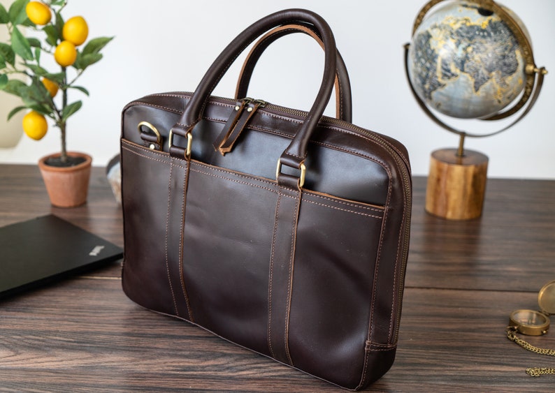 Personalized Leather Briefcase,Anniversary Gift for Him,Shoulder Bag,Top Handle Bag,Leather 13 15 Laptop Bag,Graduation Gift,Gift for Dad Dark Brown