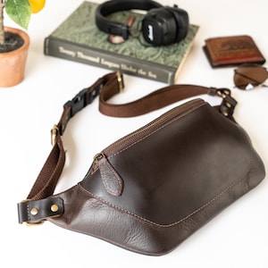 Personalized Leather Belt Bag, Leather Fanny Pack, Adjustable Crossbody Bag, Leather Sling Bags for Men and Women, Minimalist Fanny Belt Bag Dark Brown