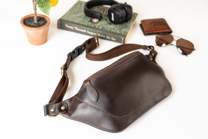 Personalized Leather Belt Bag, Leather Fanny Pack, Adjustable Crossbody Bag, Leather Sling Bags for Men and Women, Minimalist Fanny Belt Bag Dark Brown