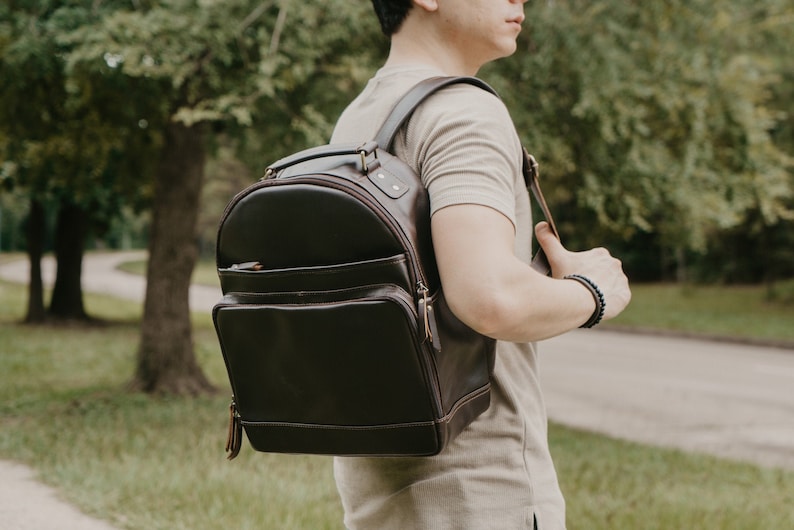 Teacher Backpack,Daily Backpack Bag,Monogram Leather Rucksack,Leather Backpack Purse,Personalized Backpack,Leather Backpack for Laptop Dark Brown