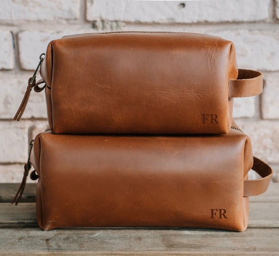 Personalized Brown Leather Wash Bag